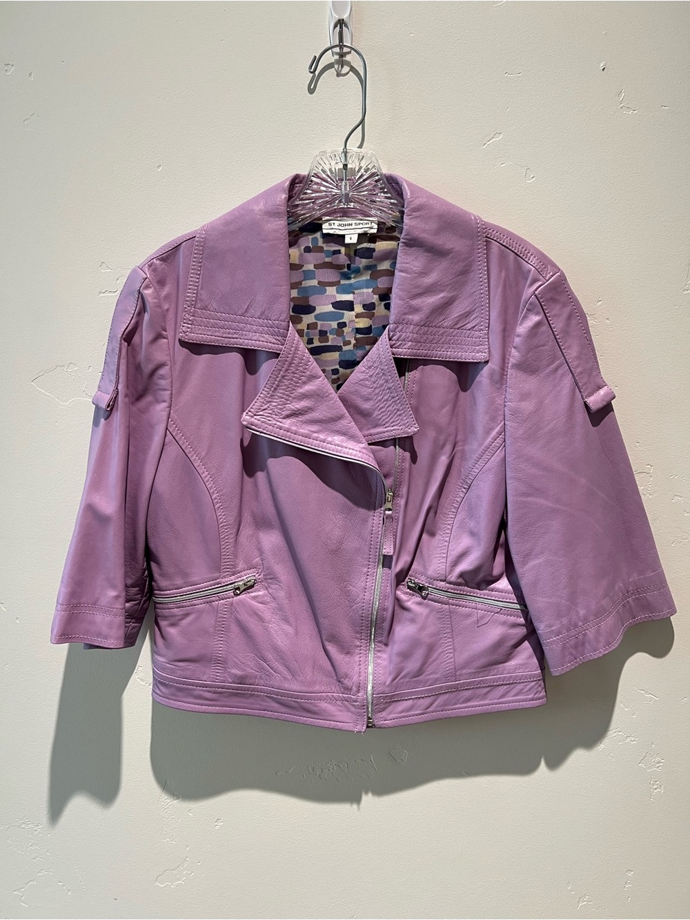 St. John Sport Lavender Leather Moto Jacket Size 6 Cropped Zip Front